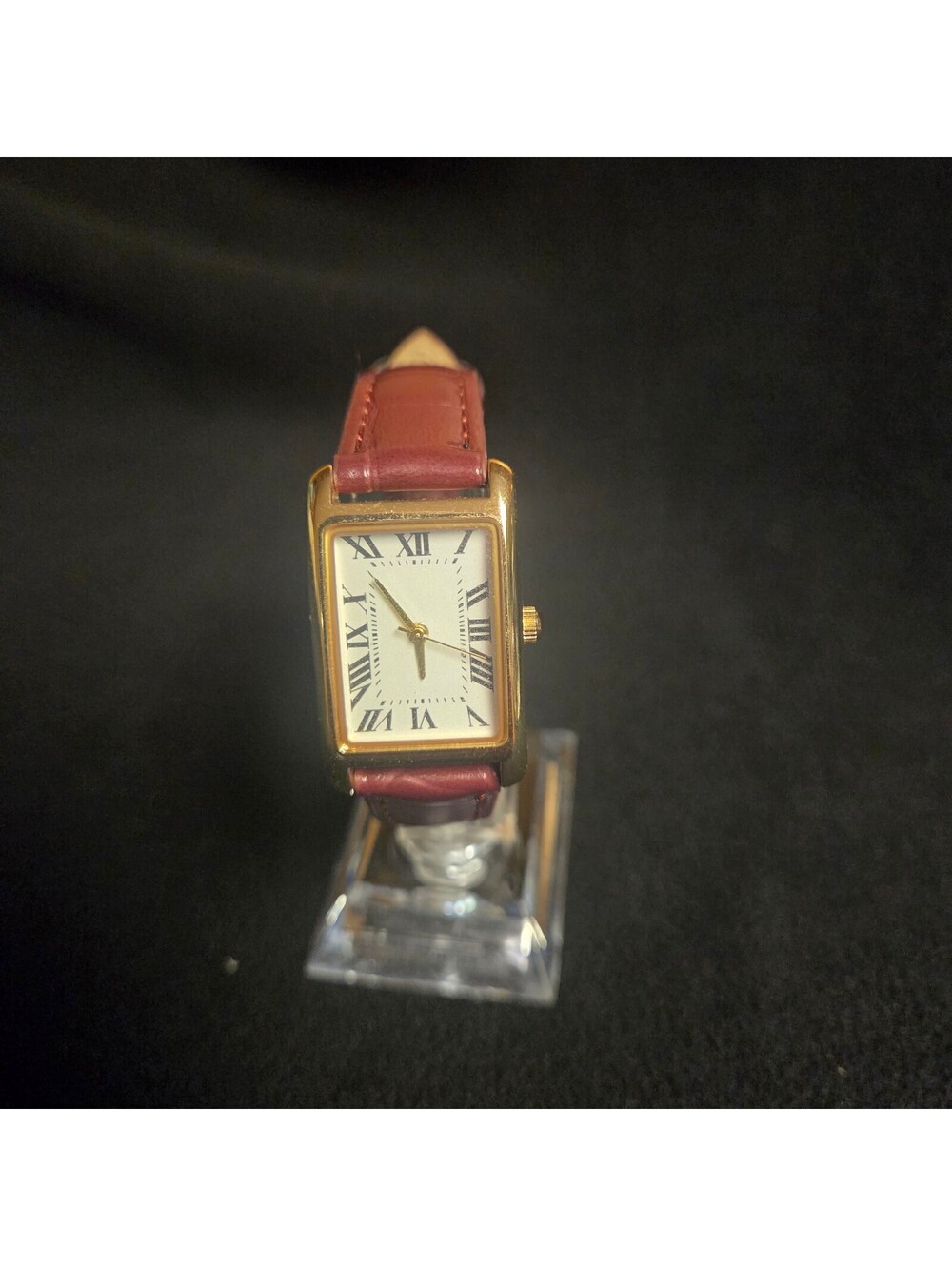 Elegant Gold-Tone Rectangular Ladies Watch with Burgundy Leather Band